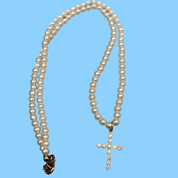 Pearl Rhinestone Cross Necklace Christian Easter Communion Faux - Picture 2 of 3